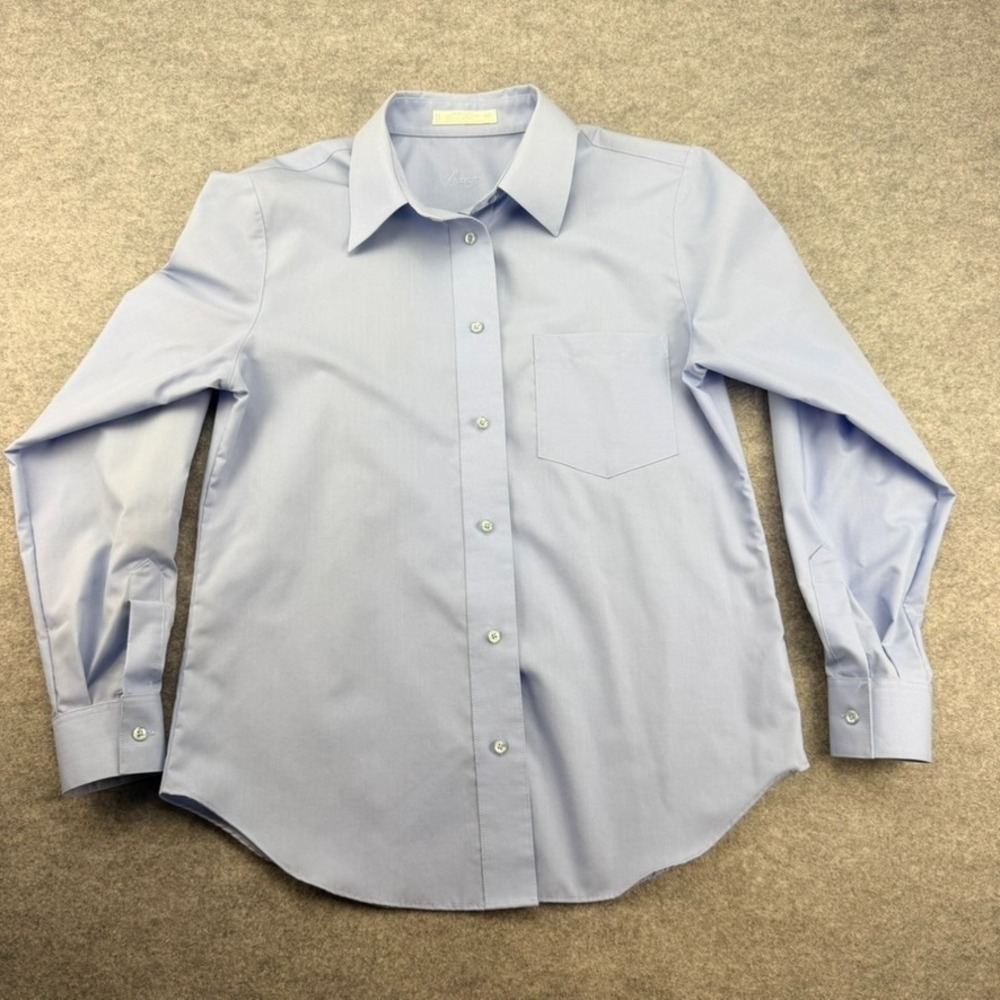 Foxcroft Women 6P Blue Wrinkle Free Button Front Shirt Cotton Blend Long Sleeve